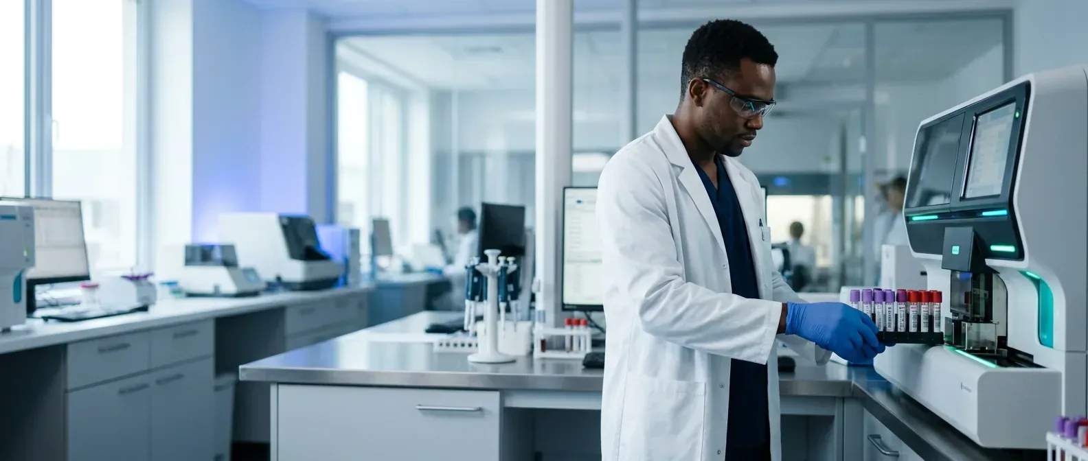 Científico de laboratorio cargando muestras de sangre en un analizador hematológico
